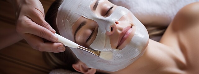 A woman getting a facial mask at a spa. Face peeling mask, spa beauty treatment, skincare. - obrazy, fototapety, plakaty