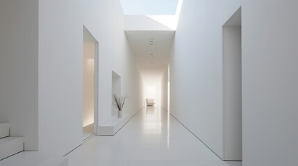 A simple and modern minimalist interior composed of white. There is a long corridor, and at the end of the corridor, bright light filters through. Generative AI