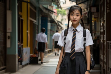 Hong Kong school girl in school uniform, with black school shoe - Generative AI