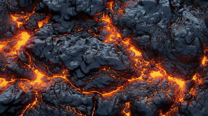 Red lava flowing between black rocks. Close up. Top view. Generative AI