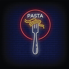 Neon Sign pasta with brick wall background vector