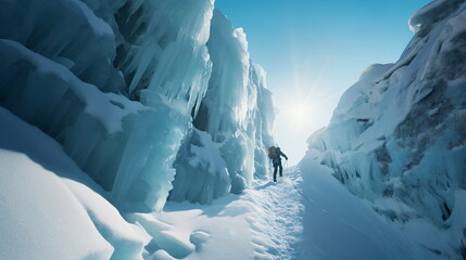 The back of a mountaineer holding a rope as he climbs a mountain path covered with icicles and snow. Generative AI