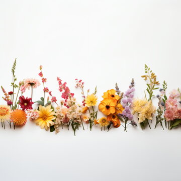 Flowers of various types and colors lie side by side on a white background. Top view. Spring background. Copy space. Generative AI