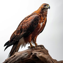 Obraz premium Portrait majestic of Javan Hawk-Eagle standing on wood isolated on white AI Generative