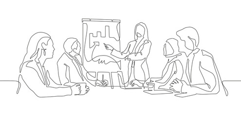 Continuous line drawing of office workers at business meeting. Business meeting and presentation concept