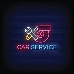 Neon Sign car service with brick wall background vector
