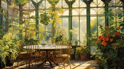 Fototapeta na wymiar A faded depiction of a sunny conservatory filled with verdant plants AI generated
