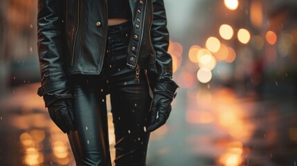 Effortlessly stylish with a classic vintage leather jacket, a soft and sustainable black tee made from organic cotton, and sy recycled rubber boots. - obrazy, fototapety, plakaty