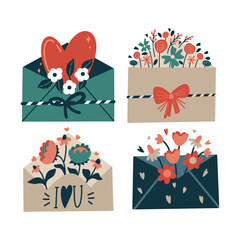 cute envelope with flowers and heart shape for valentine's day elements