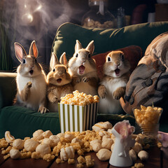 A Group of Rabbits Watching a Movie Together