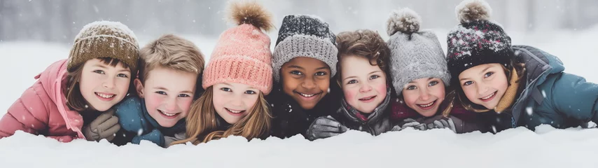 Fotobehang Snow piled up, group of kids wrapped up in warm clothes hugging outdoors in winter, low point of view, seven people - Generative AI © seogi