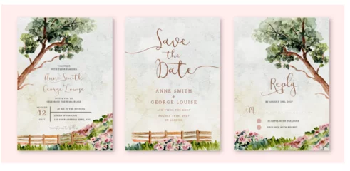 Papier Peint photo Blanche wedding invitation set with tree and floral garden watercolor landscape