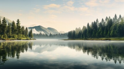 A morning reflection of lush trees on a still lake  AI generated