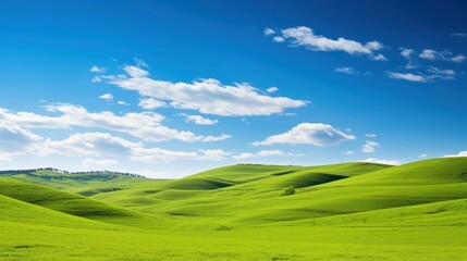 Obraz premium A panoramic view of rolling green hills under a clear blue sky AI generated