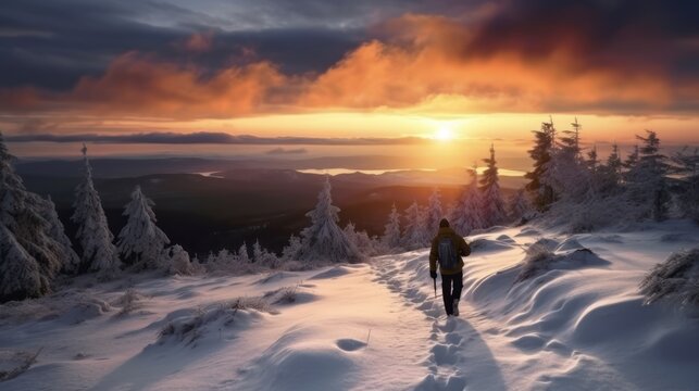 Beautiful sunrise in the winter mountains. Male hiker waiting for the sunrise.