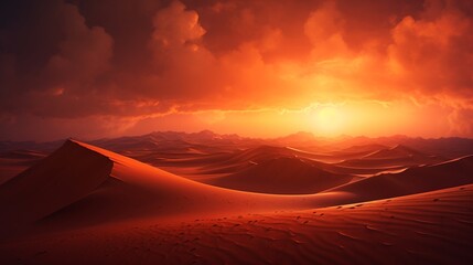 an artistic representation of a desert sunset casting a warm glow over the dunes
