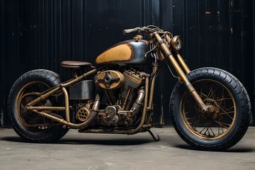 Zelfklevend Fotobehang Vintage motorcycle parked against the background of a metal wall in a garage © Spectral