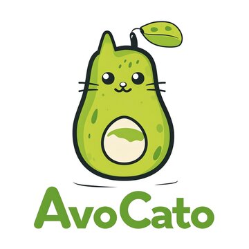 an avocado in the shape of a cat on a white background, labeled with pun Avo Cato