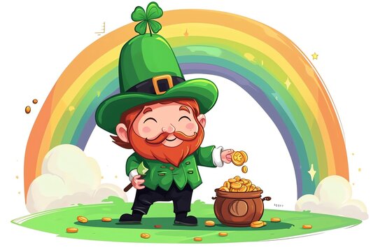 A leprechaun  standing under a rainbow with a pot of gold. St Patrick's Day