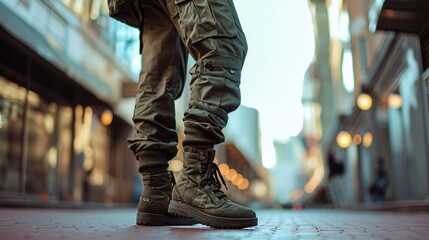 Take on the city streets in style with this varsity bomber jacket, cargo pants and combat boots look. - obrazy, fototapety, plakaty