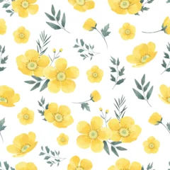 Schilderijen op glas Yellow Buttercup Flower Seamless Pattern Frame Background © Ludere Studios