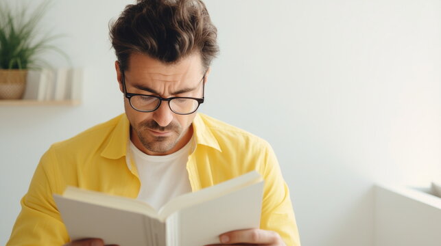 Man wearing yellow reading a book with white background with cinematic light. copy space - Generative AI