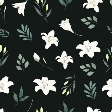 White Lily Flower Seamless Pattern Frame Background