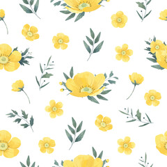 Yellow Buttercup Flower Seamless Pattern Frame Background
