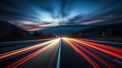 Fototapeta na wymiar Car lights streaking down a highway at night AI generated