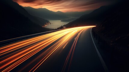 Car lights streaking down a highway at night  AI generated