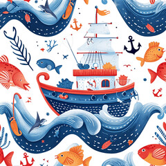 seamless pattern of cute with a fishing boat - 1