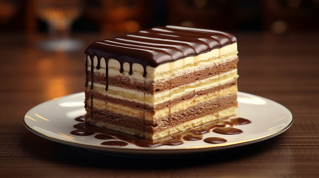 opera cake layers of sponge and cream fitting for an elegant, upscale indoor cafe 3d rendered