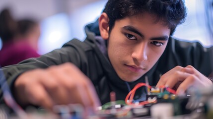 An attentive student meticulously works on an electronic circuit board, immersed in the complexity of his project.