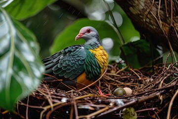 Obraz premium Side view of the Fruit Dove guarding the nest AI Generative