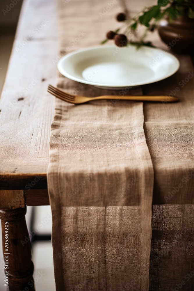 Poster close up of a rustic linen table runner ai generated
