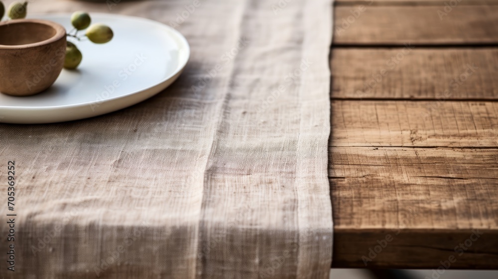 Poster close up of a rustic linen table runner ai generated