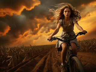 Obraz premium Soulful Journey: A Young Woman Cycling Through Rippling Fields, Photorealistic Landscapes, Dynamic Outdoor Captures, Organic Simplicity, Energetic Action. High Resolution Excitement and Inspiration wi