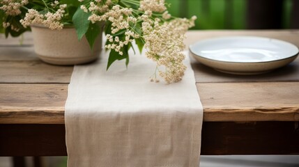 Close up of a rustic linen table runner  AI generated