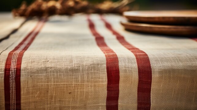 Close up of a rustic linen table runner  AI generated