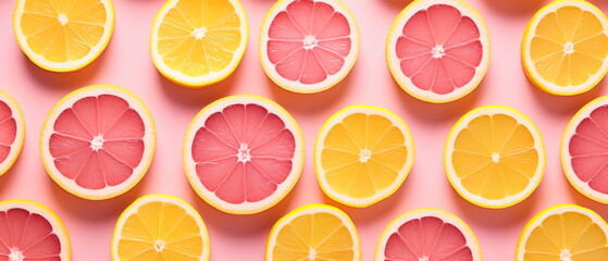 Uniform pattern of dried lemon slices with shadow on a pink background. Flat lay - Generative AI - obrazy, fototapety, plakaty