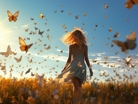 Butterfly Ballet in the Meadow: A Stunning Photorealistic Landscape with a Young Woman Strolling Amidst a Myriad of Butterflies. Dynamic Outdoor Shots, Figuration Libre, Organic Simplicity, and Colorf