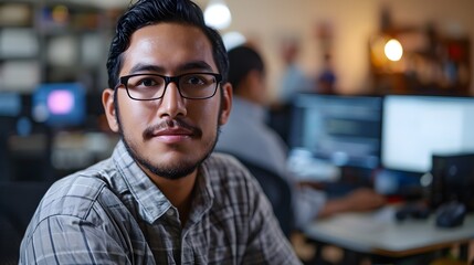 A focused man with glasses wearing a checkered shirt looks at the camera in a tech-rich environment.