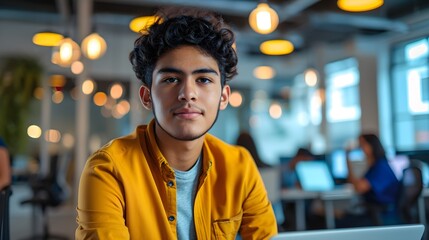 Fototapeta premium A young man in a mustard yellow shirt looks confidently at the camera, seated in a lively office.