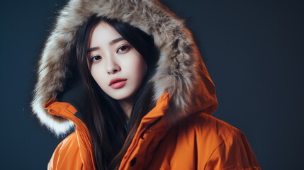 A woman model wearing a winter jumper with a furry hood. Winter concept. Studio model photo shoot. Close up. Generative AI