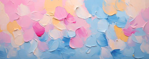 Beautiful trendy floral impressionist background. Pastel pink rose petals banner for wedding, Valentine wallpaper. Red, blue, yellow rose flower art illustration on blue abstract backdrop by Vita - obrazy, fototapety, plakaty