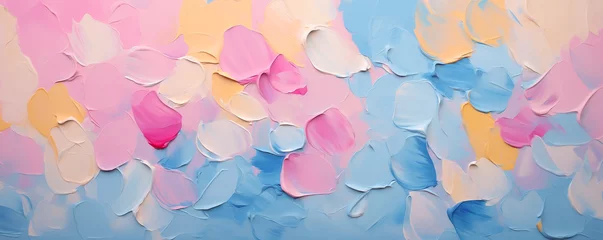 Tuinposter Beautiful trendy floral impressionist background. Pastel pink rose petals banner for wedding, Valentine wallpaper. Red, blue, yellow rose flower art illustration on blue abstract backdrop by Vita © Vita