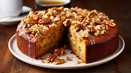 Fototapeta na wymiar banana nut cake in a casual indoor cafe moist cake with crunchy walnuts is a comforting treat