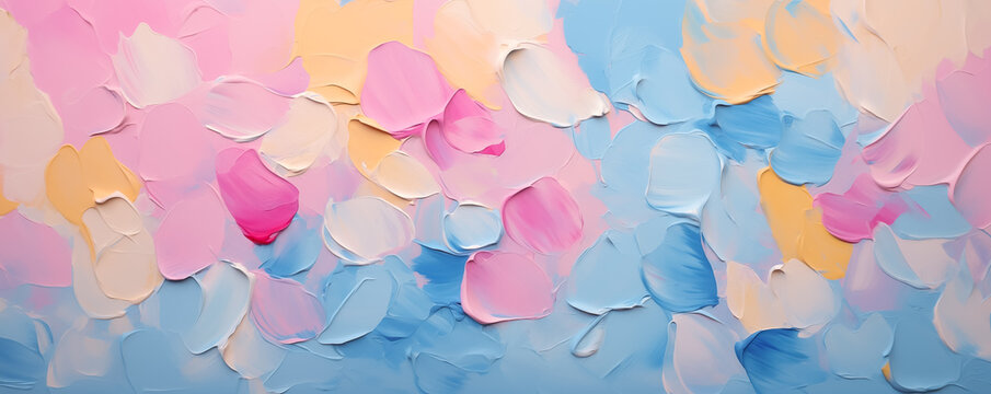 Beautiful trendy floral impressionist background. Pastel pink rose petals banner for wedding, Valentine wallpaper. Red, blue, yellow rose flower art illustration on blue abstract backdrop by Vita