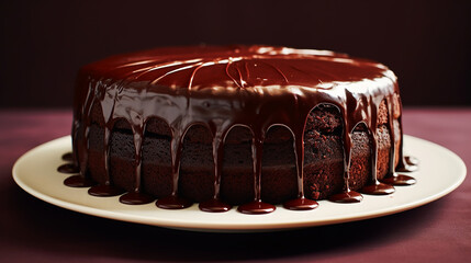 classic chocolate cake served indoors wit delicious dark chocolate served on white plate