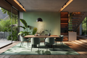Bright dining room interior with light green walls, minimalist scandinavian decor, floor to ceiling windows